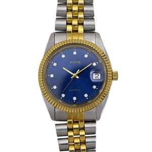 Austin Presidential Fluted Bezel Quartz Blue Dial Men's Vintage Watch 35mm